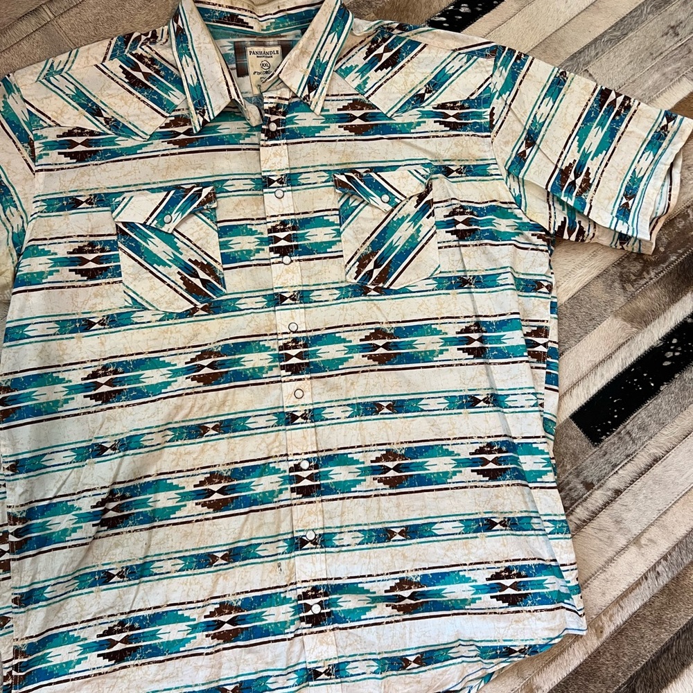 Panhandle Slim Teal and Brown Geometric Shirt